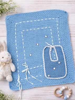Handmade Crochet Baby Set – Blanket + Bib | Soft Blue & White
